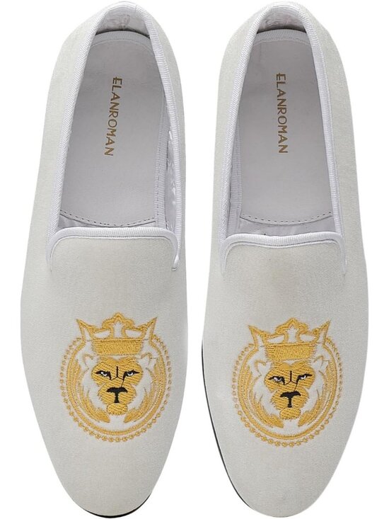 ELANROMAN Men\'s White Velvet Loafers Embroidered Lion Crown Formal Party Shoes main image 5